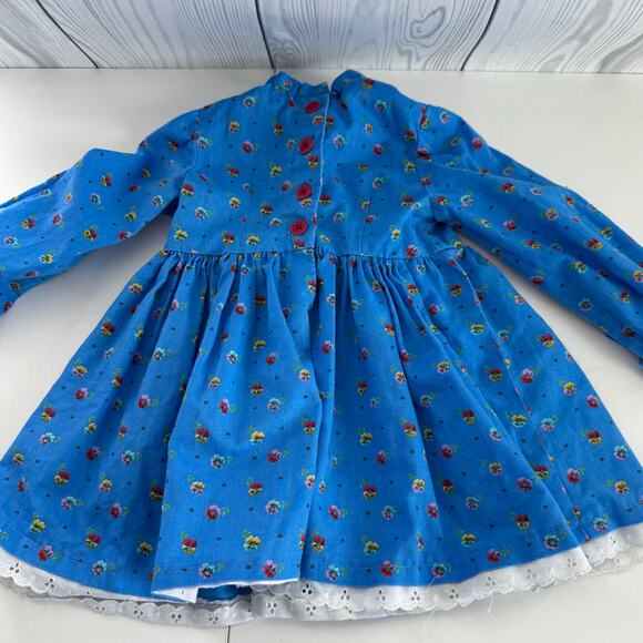 Vintage 80s No Brand Handmade 2T Toddler Girl Blue Dress Lace Church Prairie - Picture 4 of 6